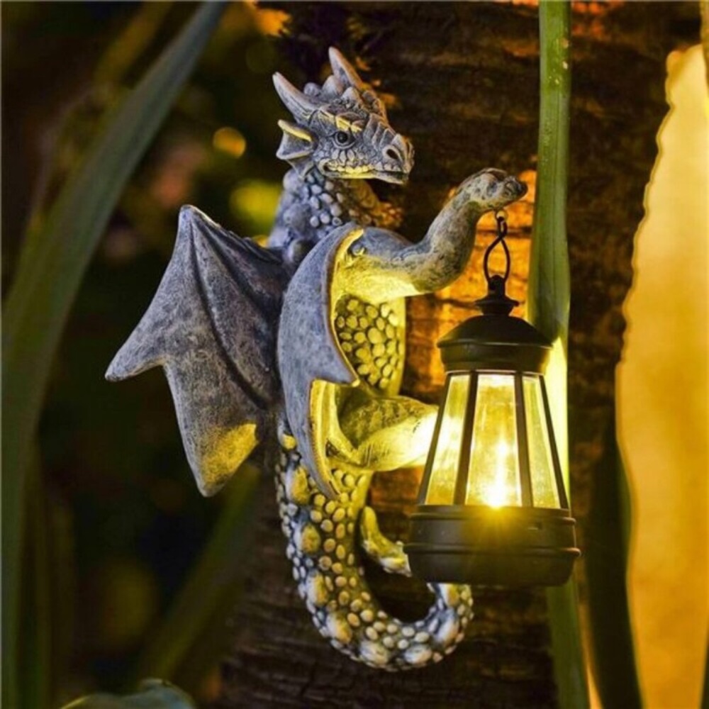 Dragon Tree Hugger with Solar Lantern 9.3 Inch Resin Dragon Statue for Garden